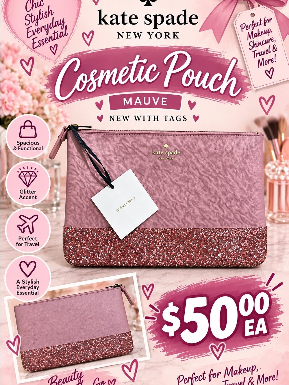 kate spade mauve cosmetic pouch with glitter base